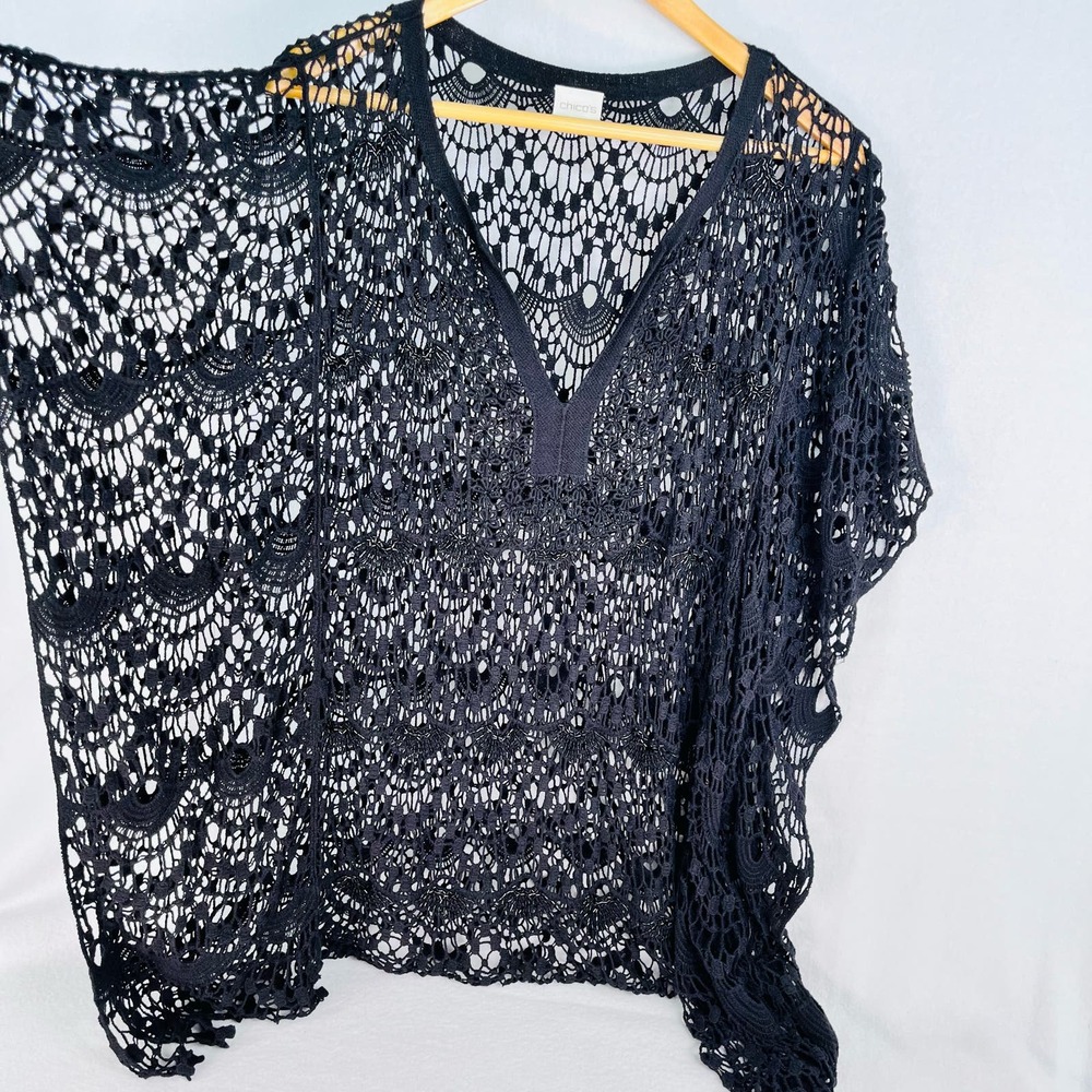 CHICO'S Bianca Lace Poncho Top Sz 3 Crocheted Boho Beaded Shirt Coverup Flirty - Picture 2 of 7